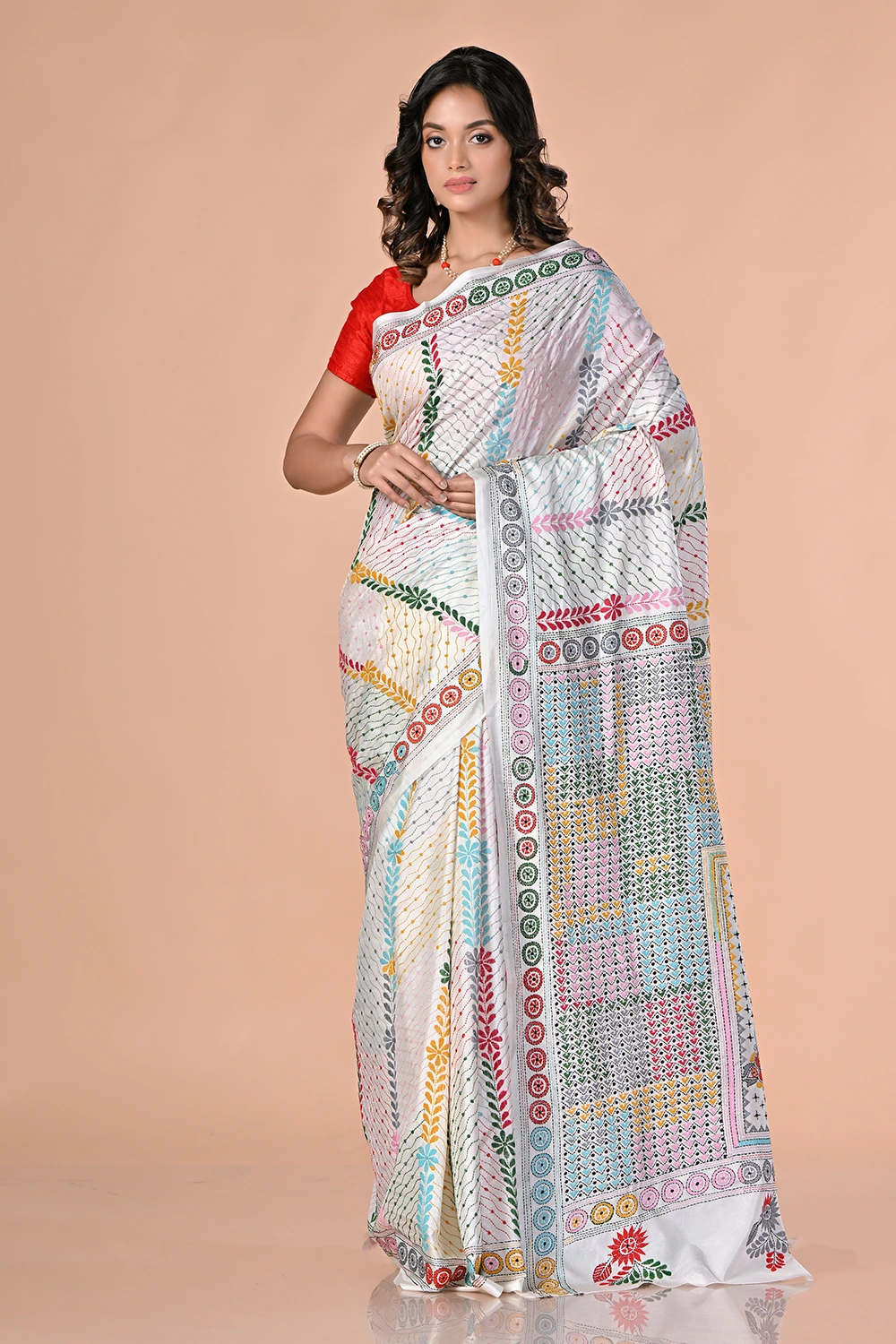 Off White Kantha Stitch Saree