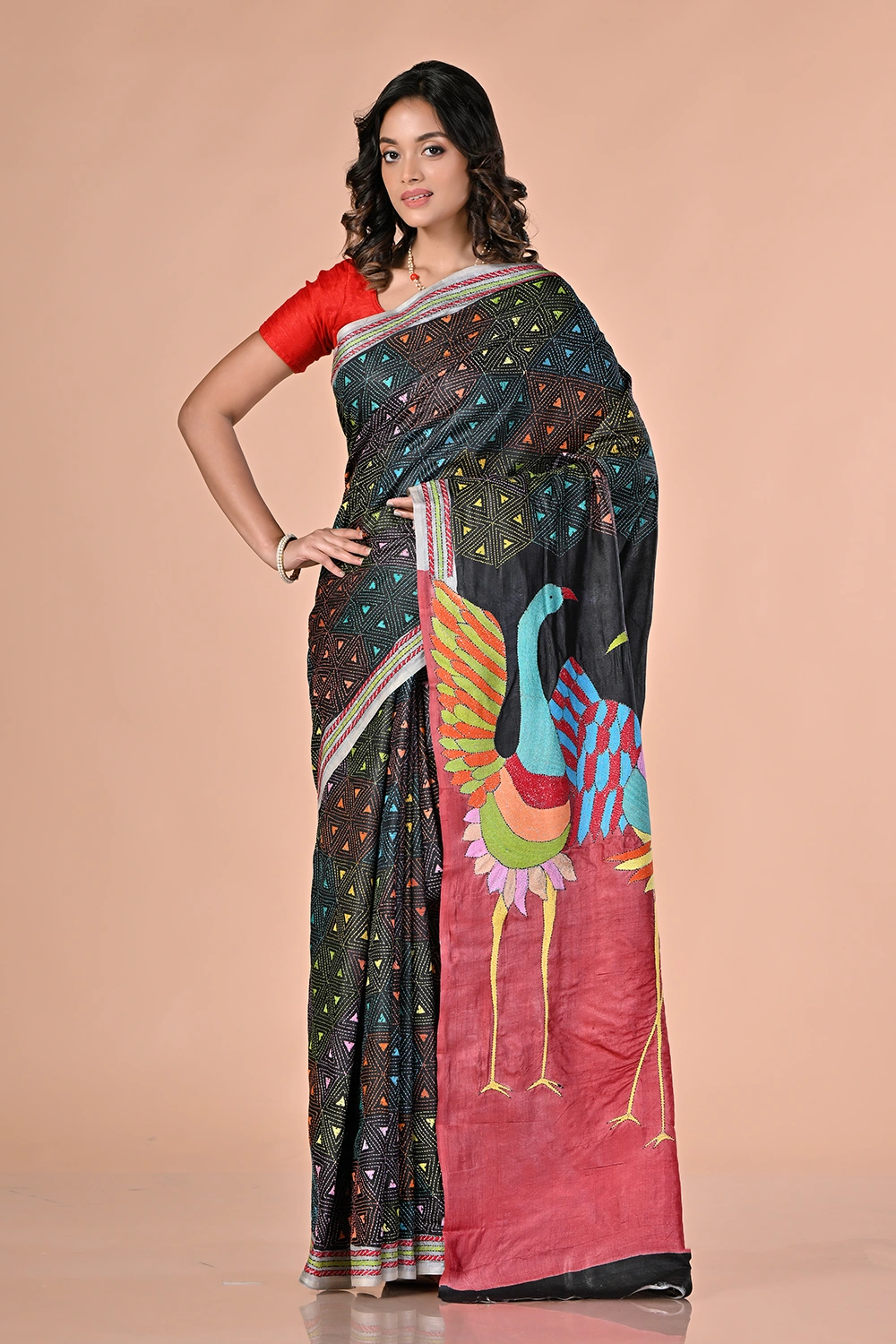 Deep Black Kantha Stitch Saree