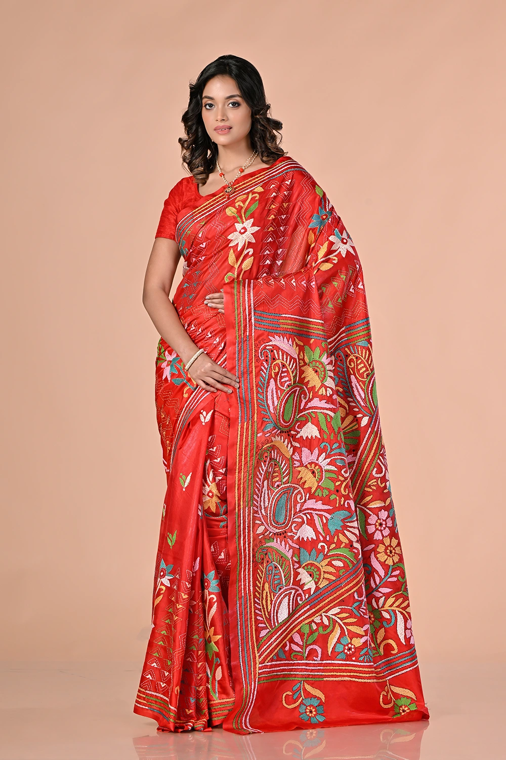 Vermilion Red Kantha Stitch Saree