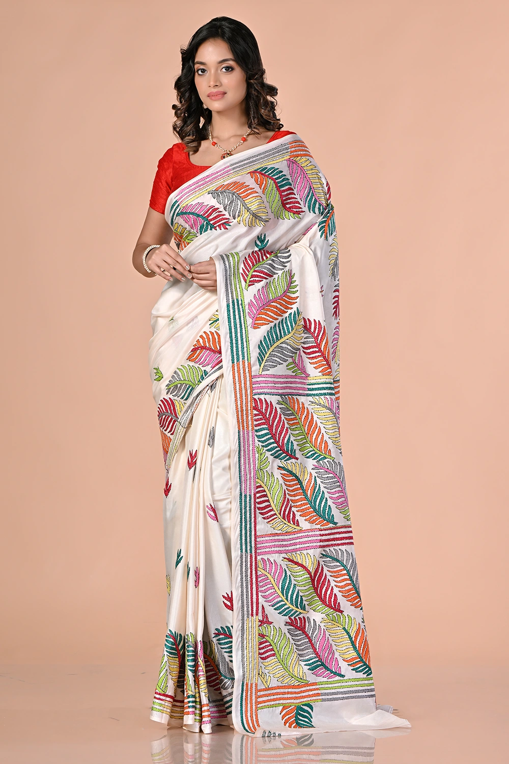 Pure White Kantha Stitch Saree