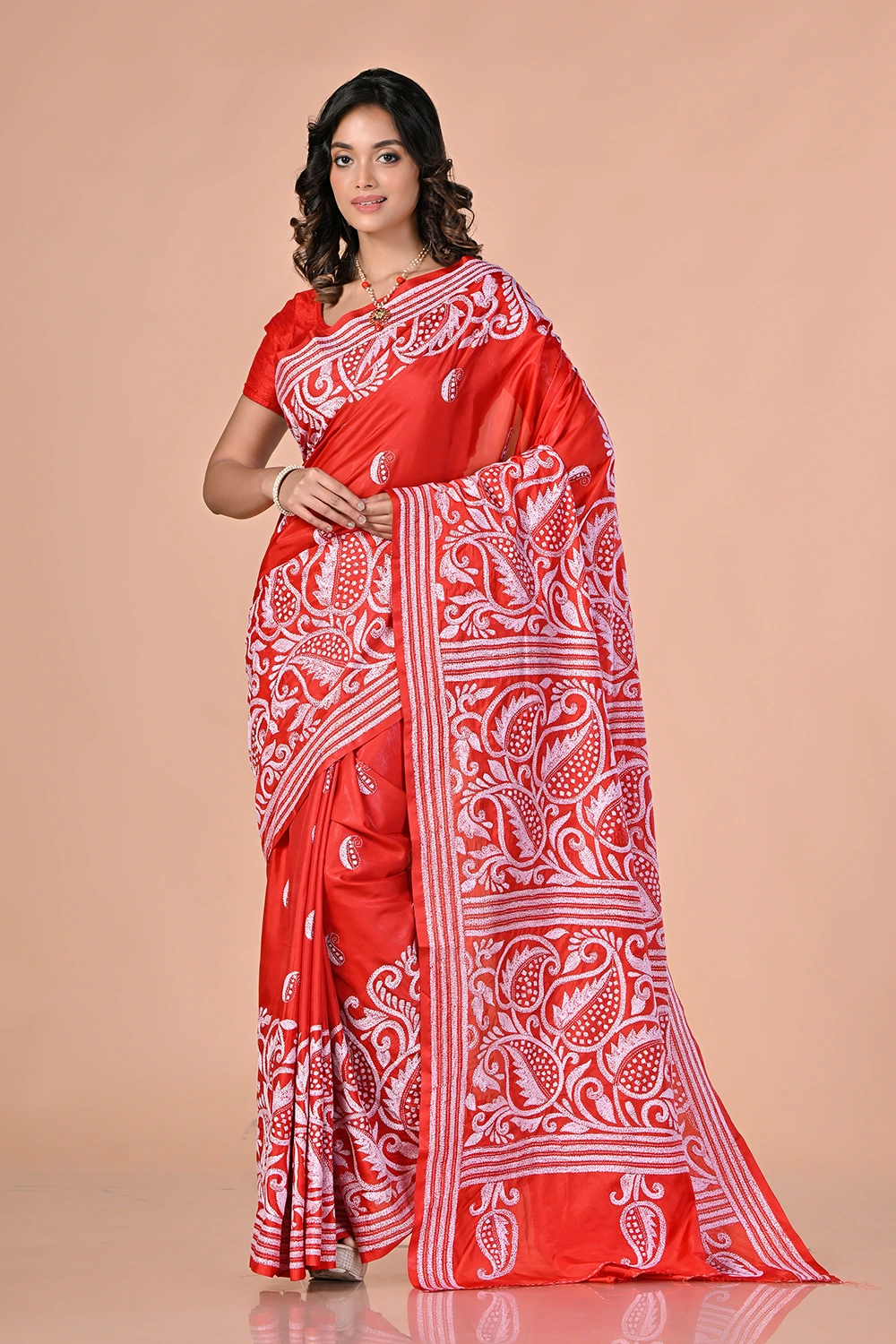 Scarlet Red Kantha Stitch Saree