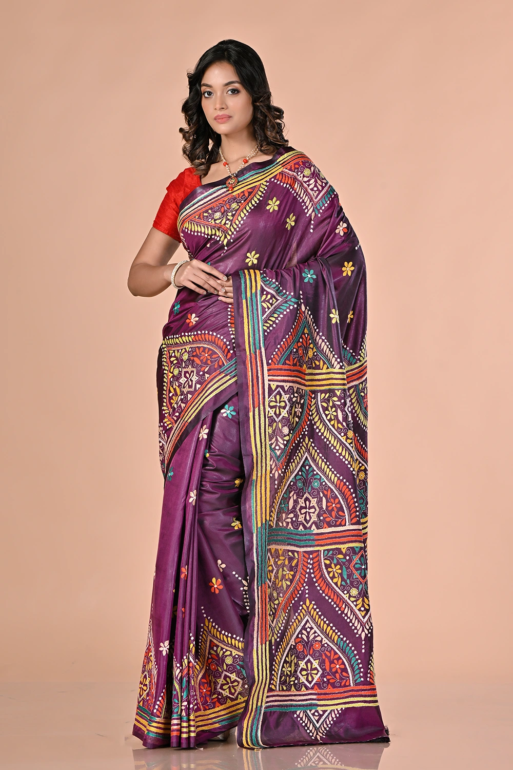 Plum Purple Kantha Stitch Saree