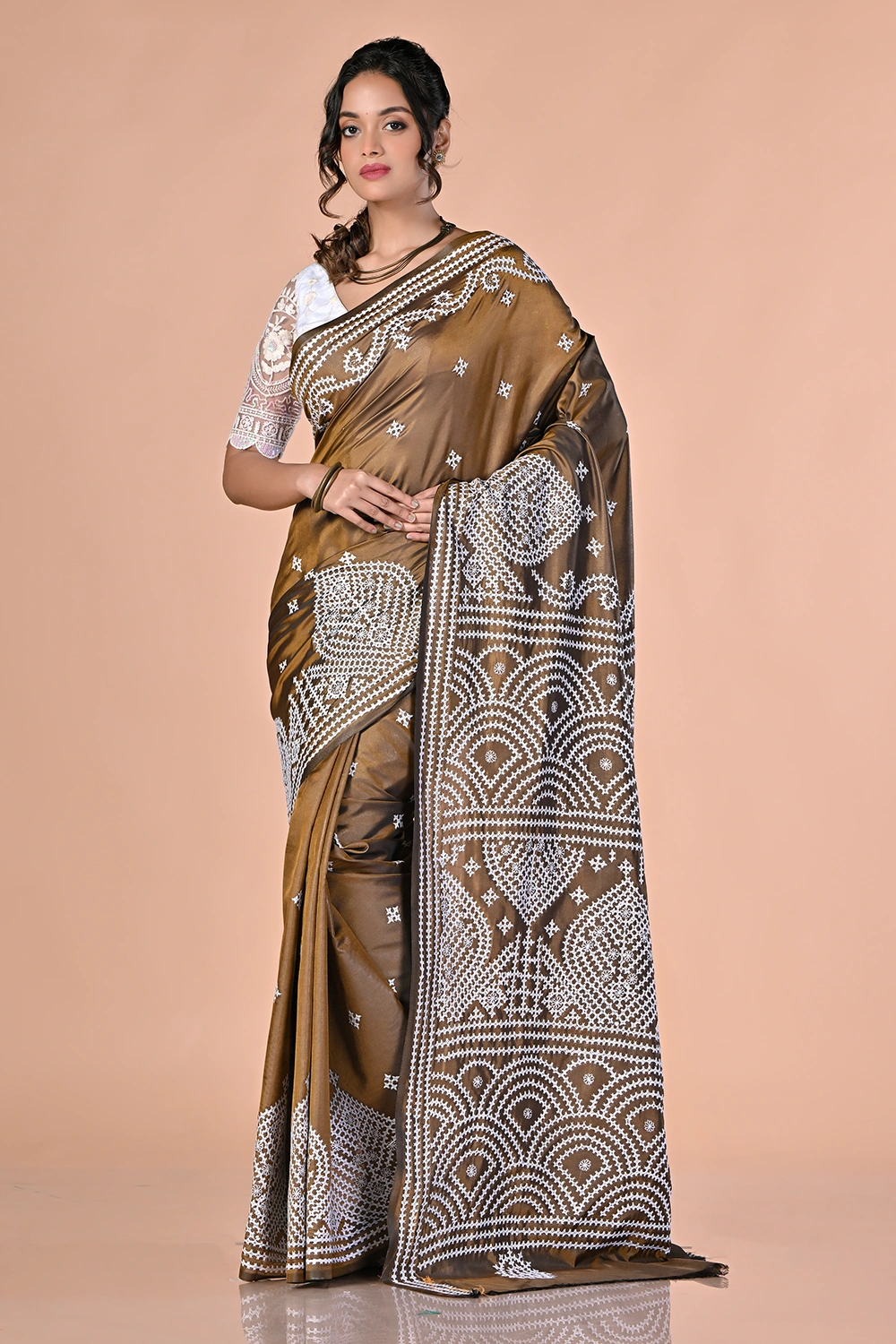 Chestnut Brown Kantha Stitch Saree