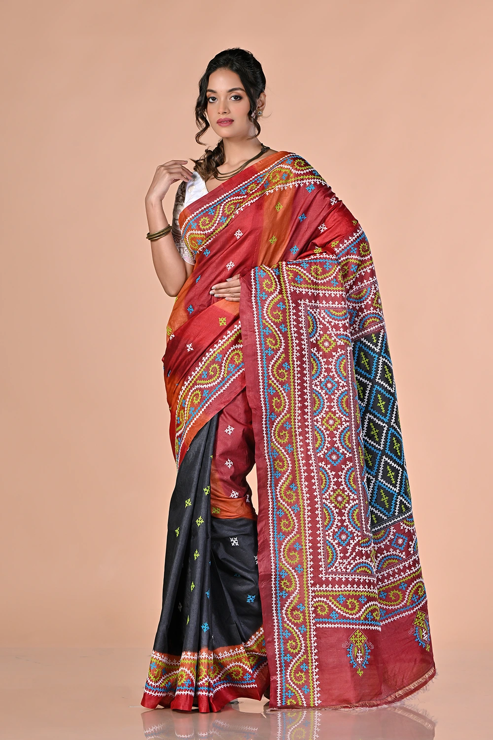 Rose Red Pure Tussar Kantha Stitch Saree