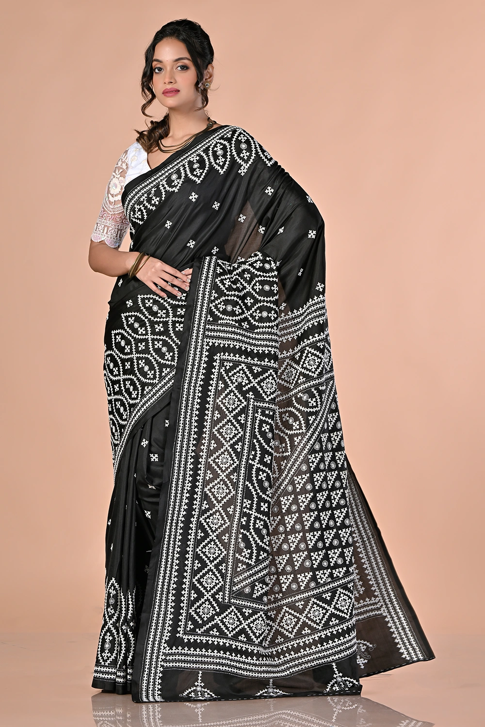 Deep Black Pure Tussar Kantha Stitch Saree