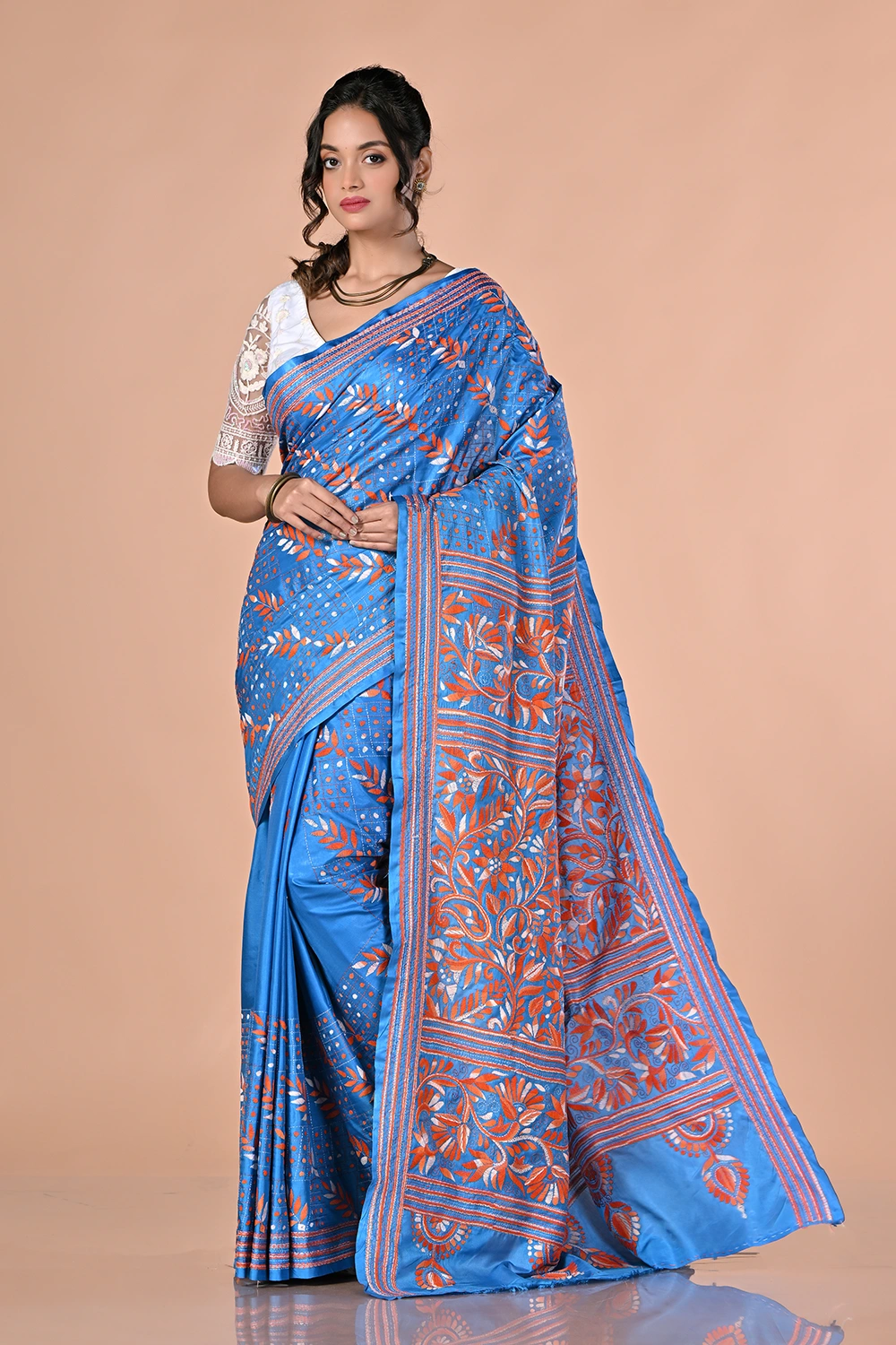 Dark Blue Kantha Stitch Saree
