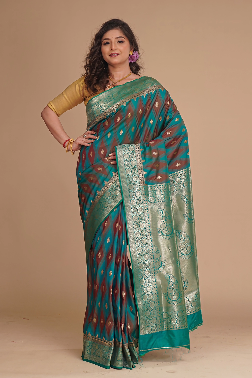 Teal Blue Katan Pochampally Saree
