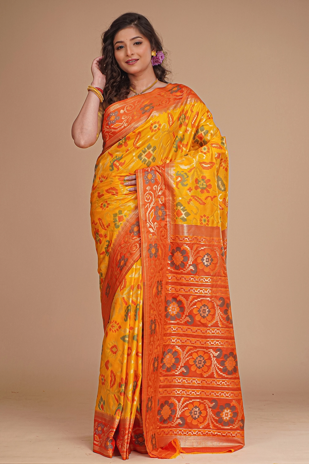 Golden Yellow Katan Pochampally Saree