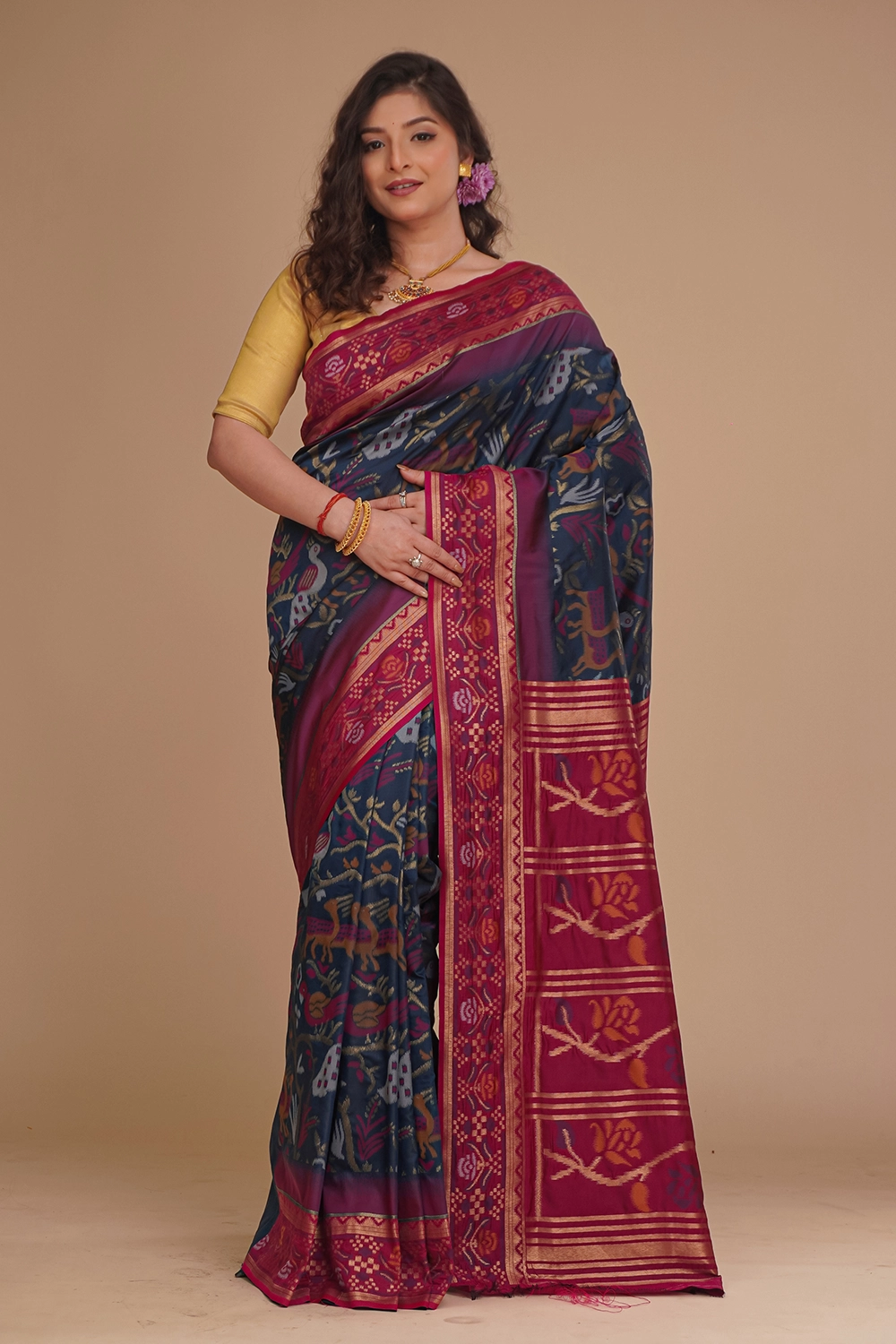 Midnight Slate Blue Katan Pochampally Saree