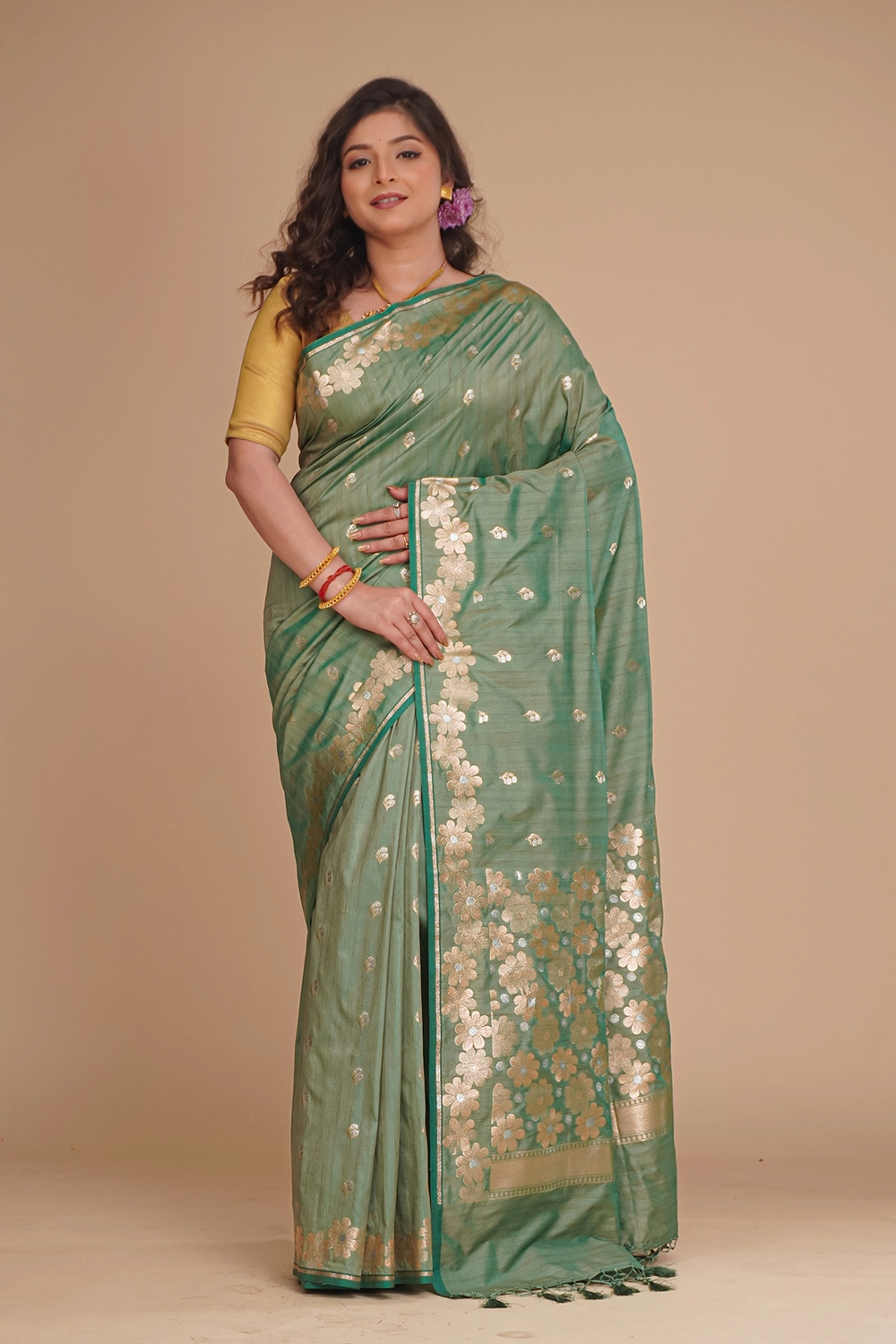 Sage Green Semi Tussar Saree