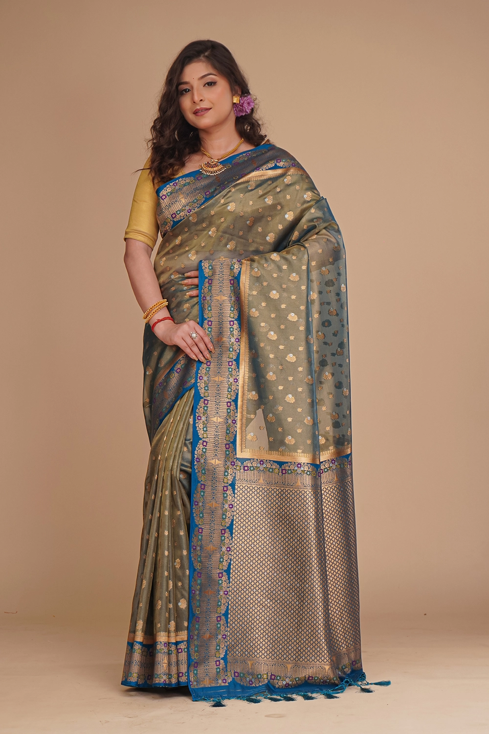 Turquoise Green Tissue Saree