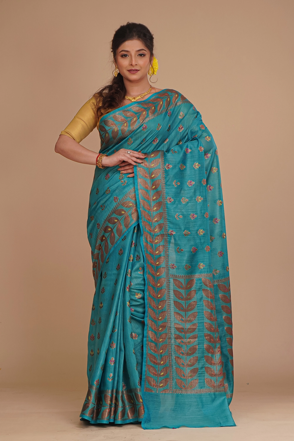 Teal Blue Pure Tussar Saree