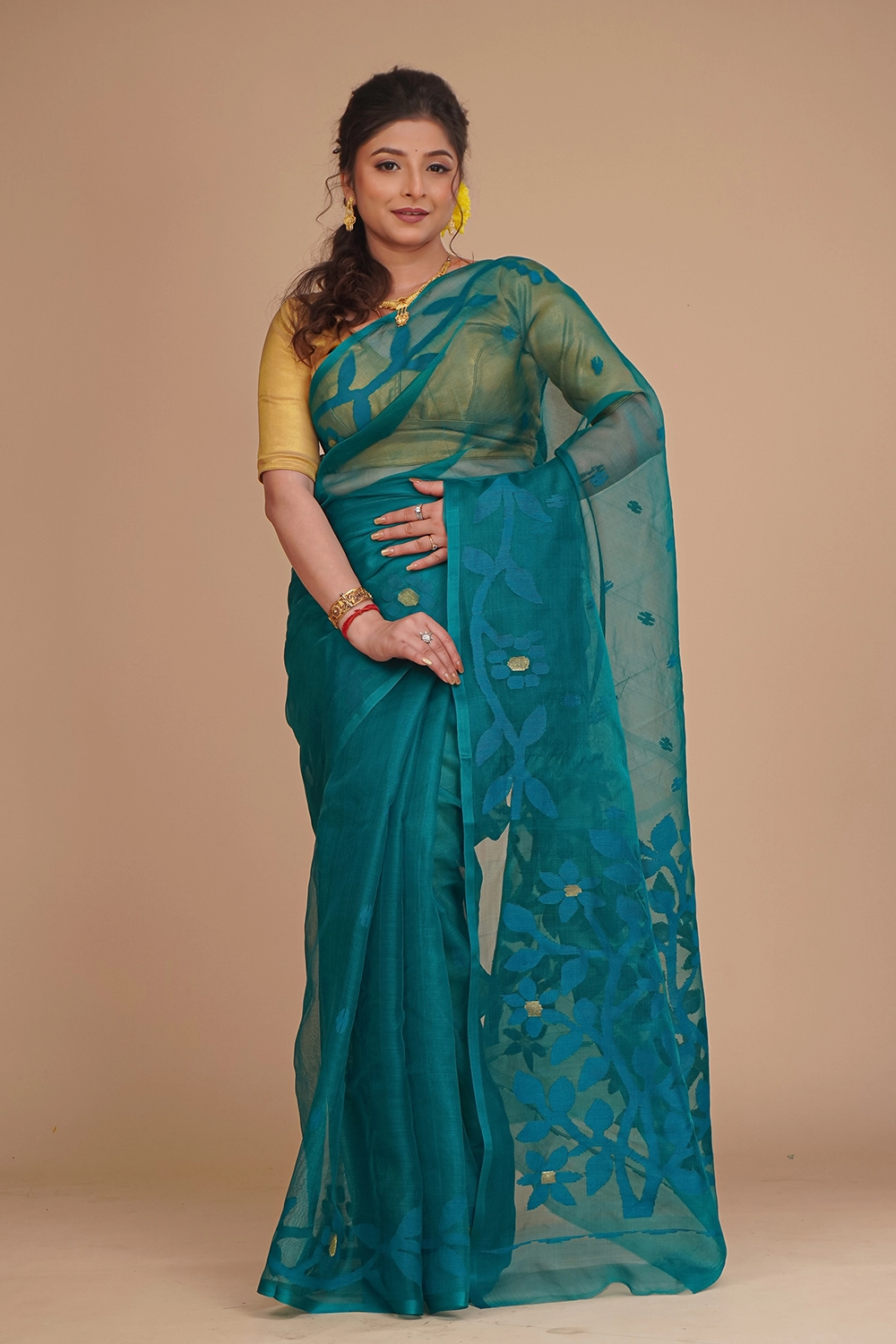 Teal Blue Pure Muslin Jamdani Saree