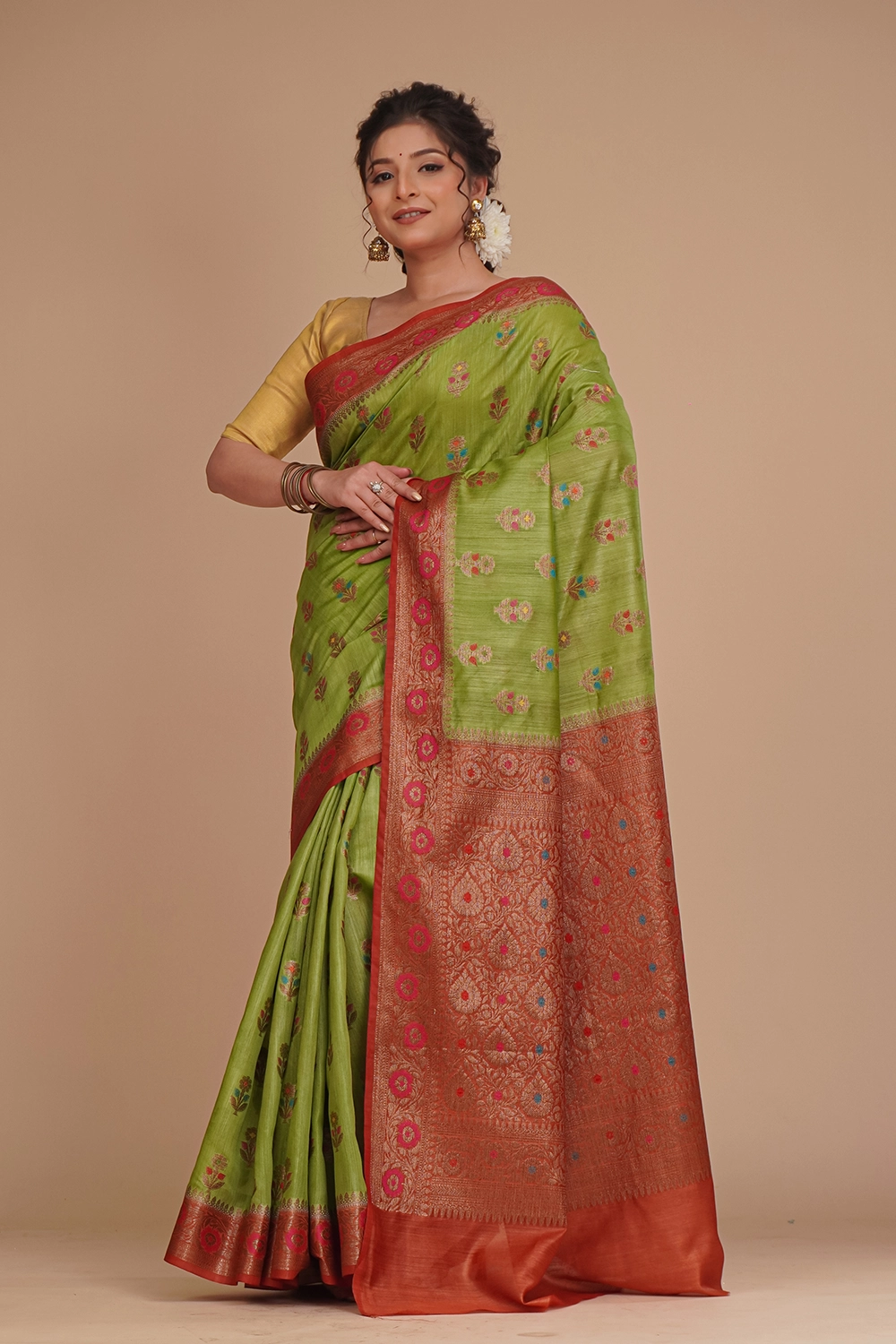 Olive Moss Green Pure Tussar Saree