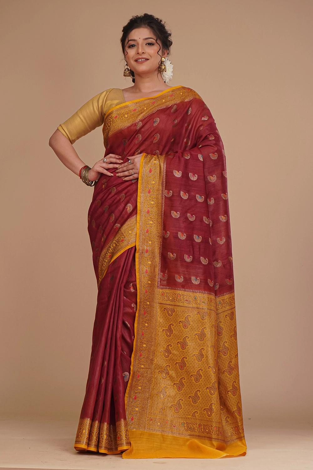 Brick Red Pure Tussar Saree