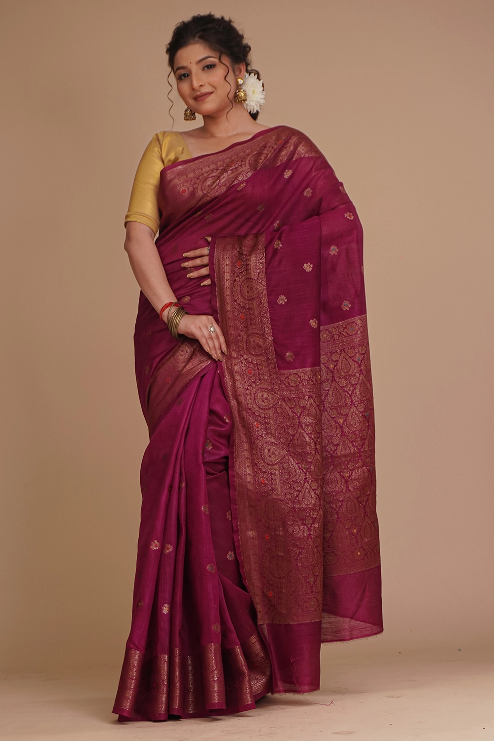 Dark Magenta Pure Tussar Saree