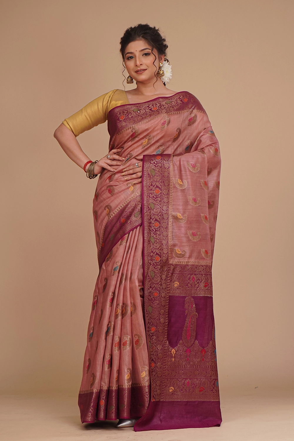 Chestnut Rose Pink Pure Tussar Saree