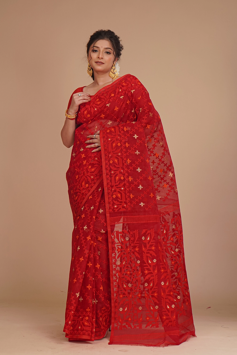 Dark Crimson Red Dhakai Jamdani Saree