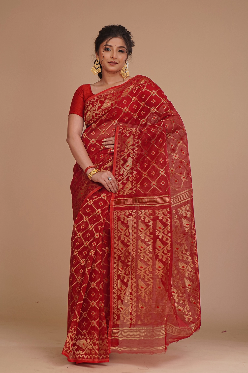 Deep Crimson Red Dhakai Jamdani Saree