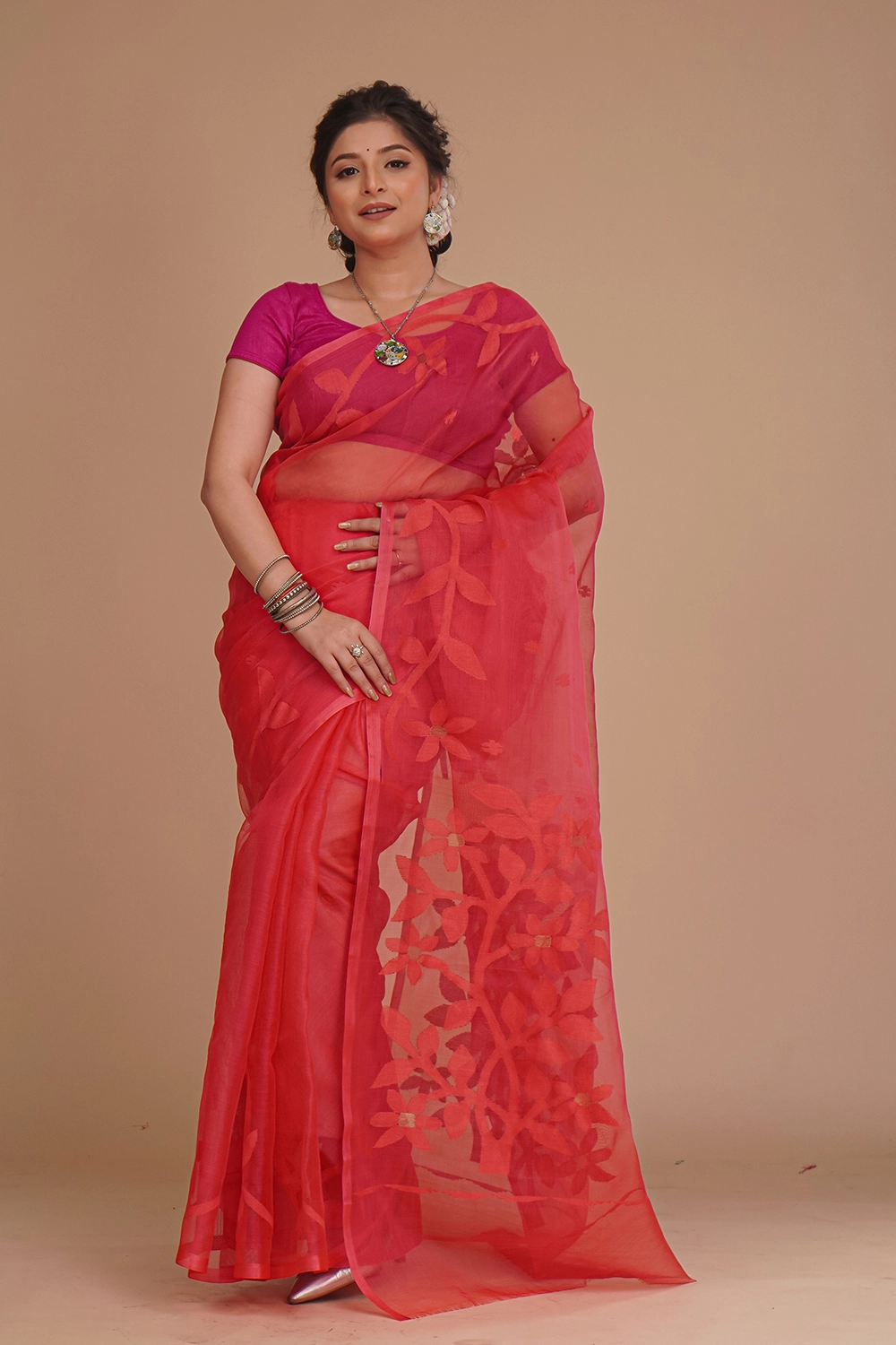 Ruby Red Pure Muslin Jamdani Saree