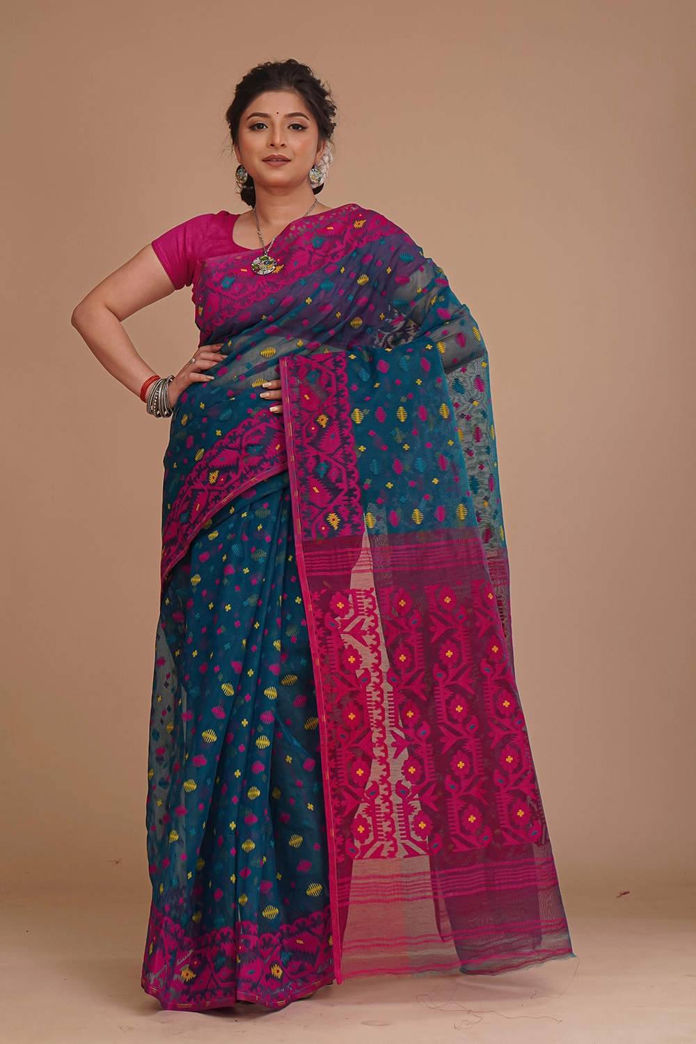 Deep Teal Blue Dhakai Jamdani Saree