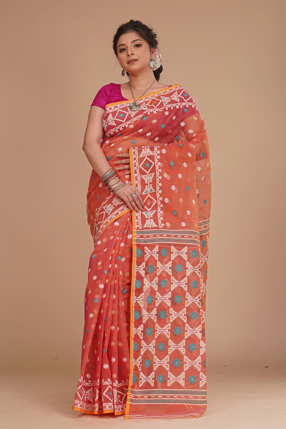 Coral Pink Dhakai Jamdani Saree