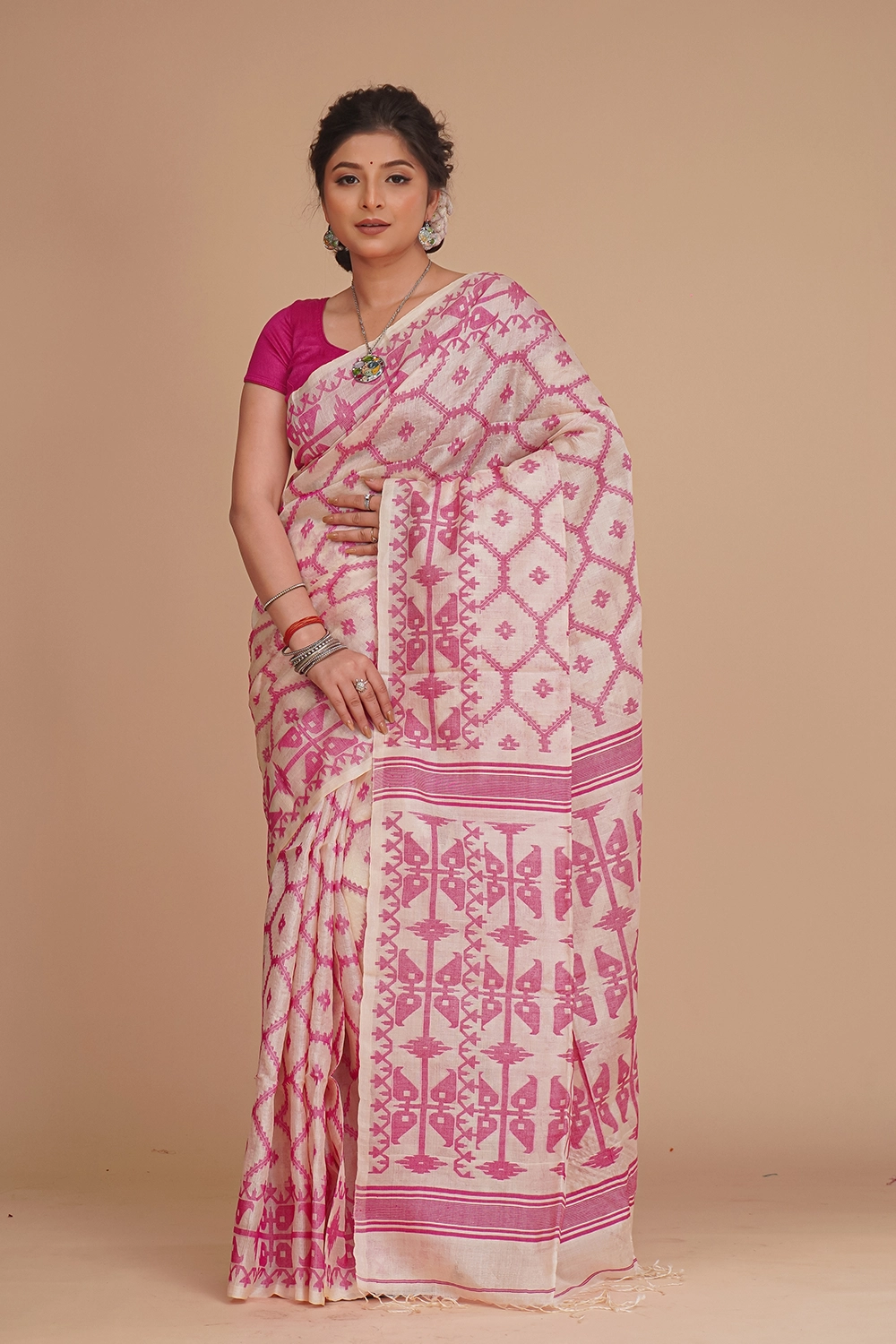 Pale White Pure Tussar Jamdani Saree