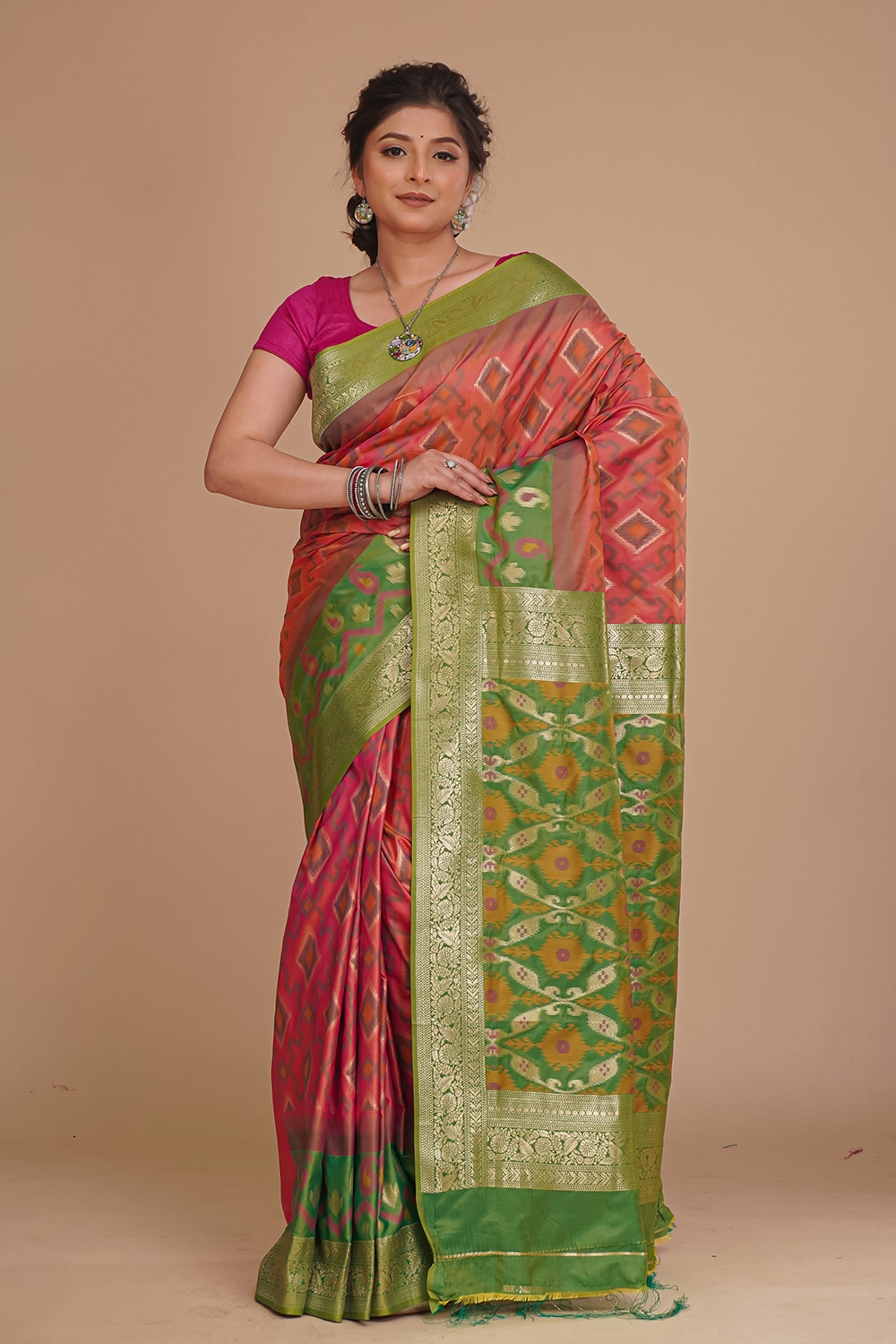 Coral Pink Katan Pochampally Saree
