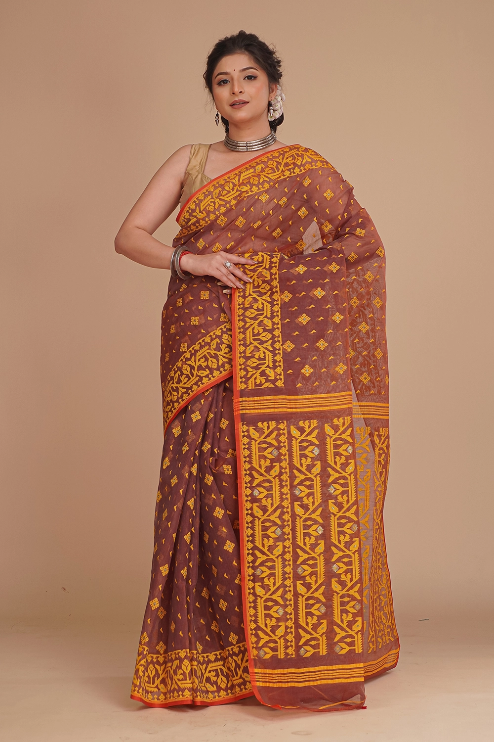 Muted Brown Dhakai Jamdani Saree