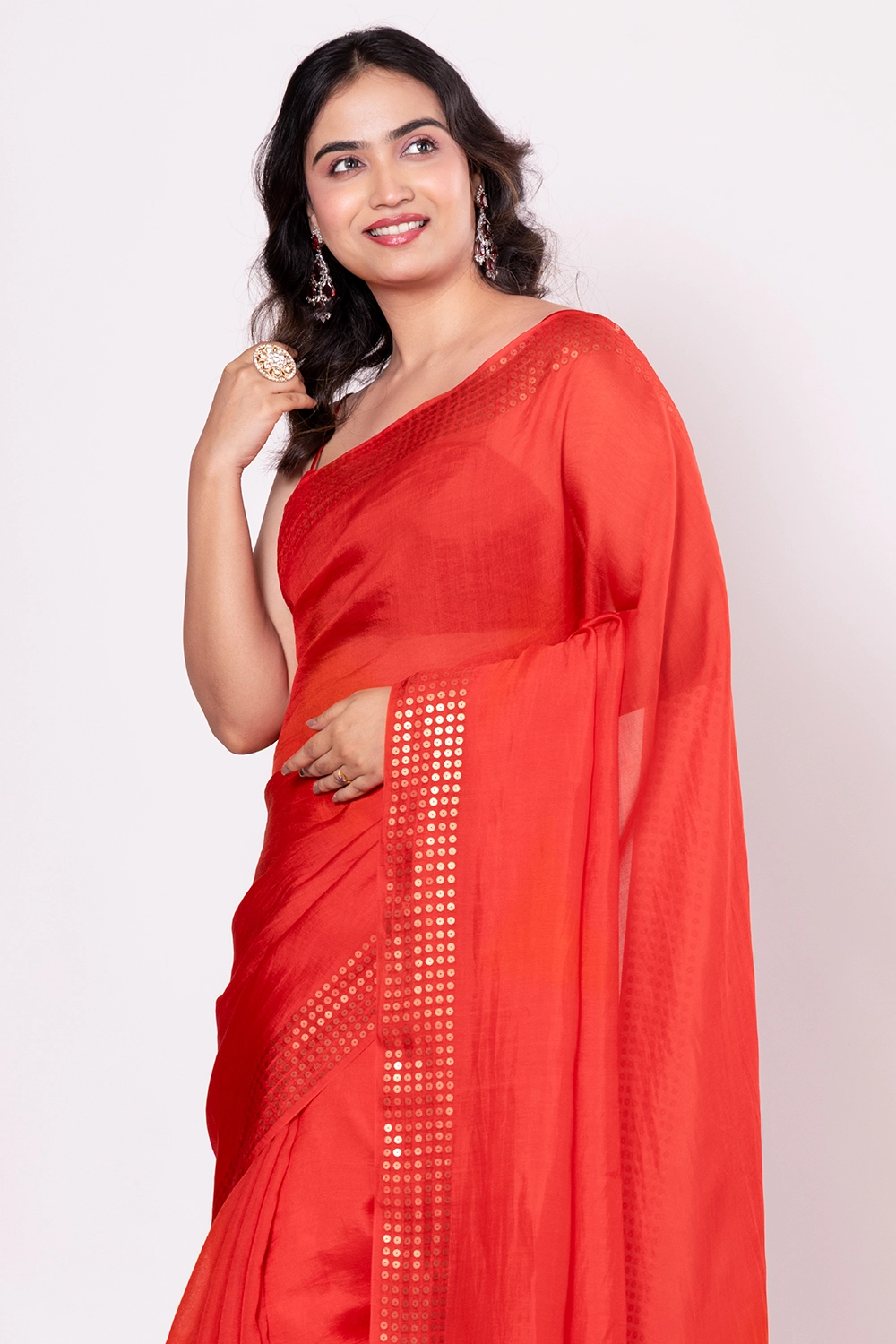 Coral Red Pure Muslin Handloom Saree