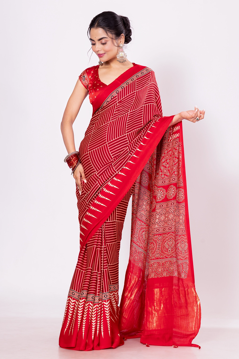 Cherry Red Modal Print Silk Saree