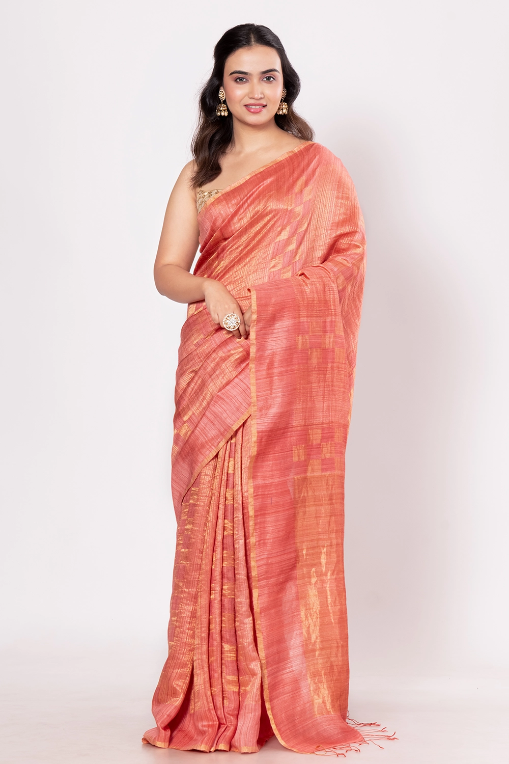 Light Coral Pink Pure Matka Handloom Saree