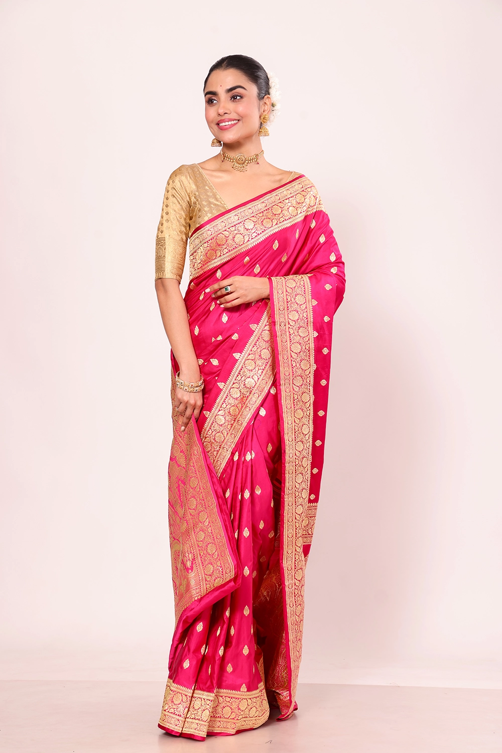 Vivid Pink Pure Banarasi Silk Saree