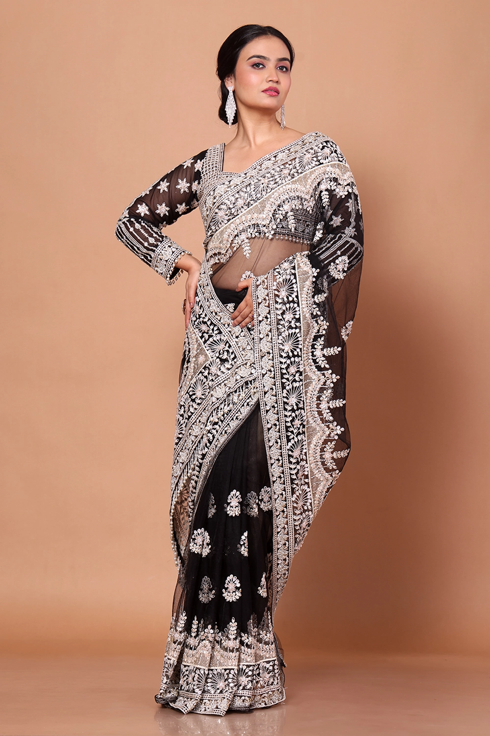 Black Designer Saree with Stone Embroidery