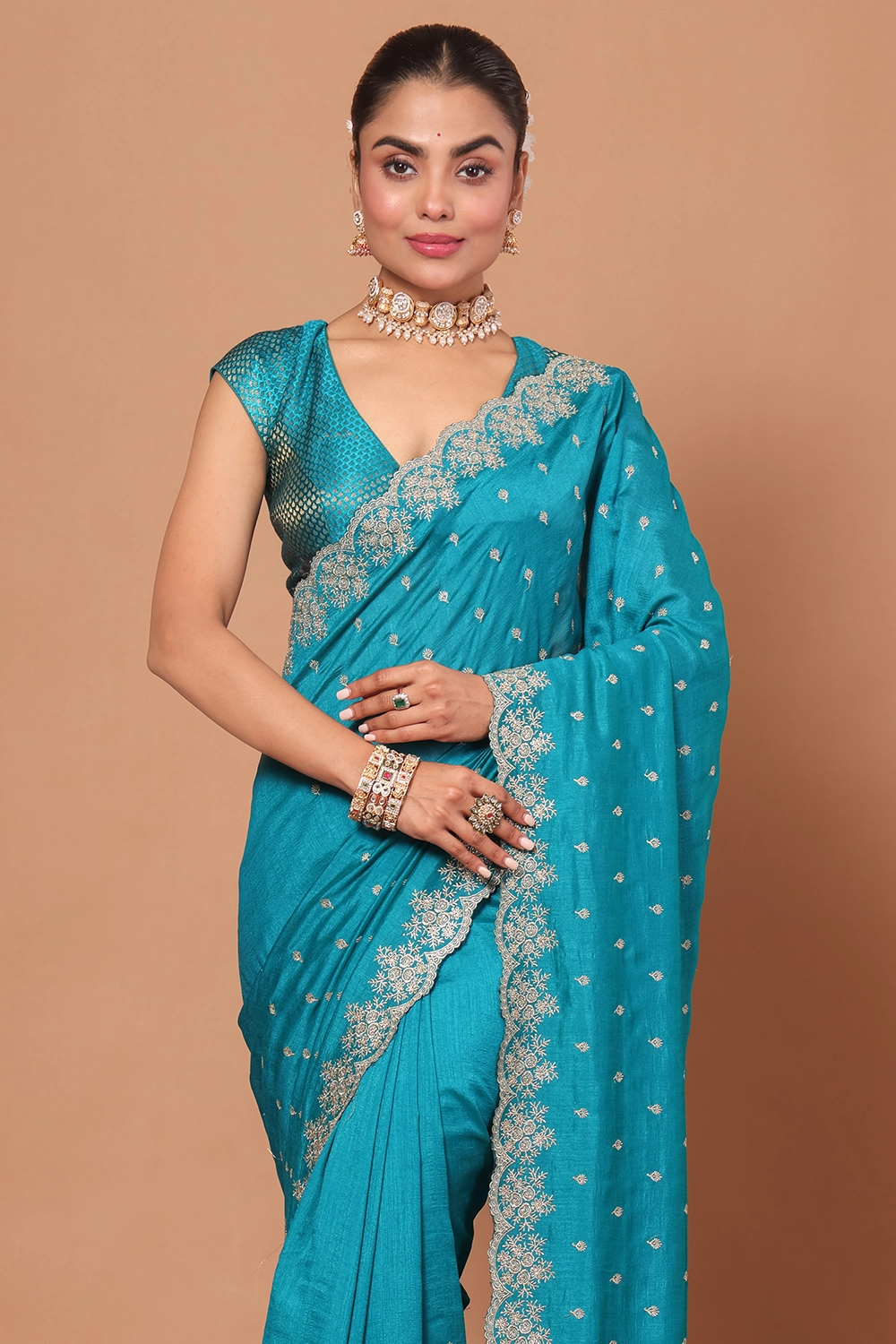 Turquoise Blue Designer Embroidery Saree