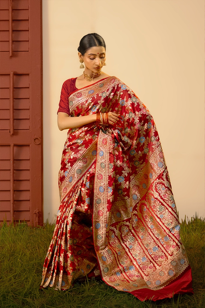 Red Pure Meena Jangla Banarasi Silk Saree