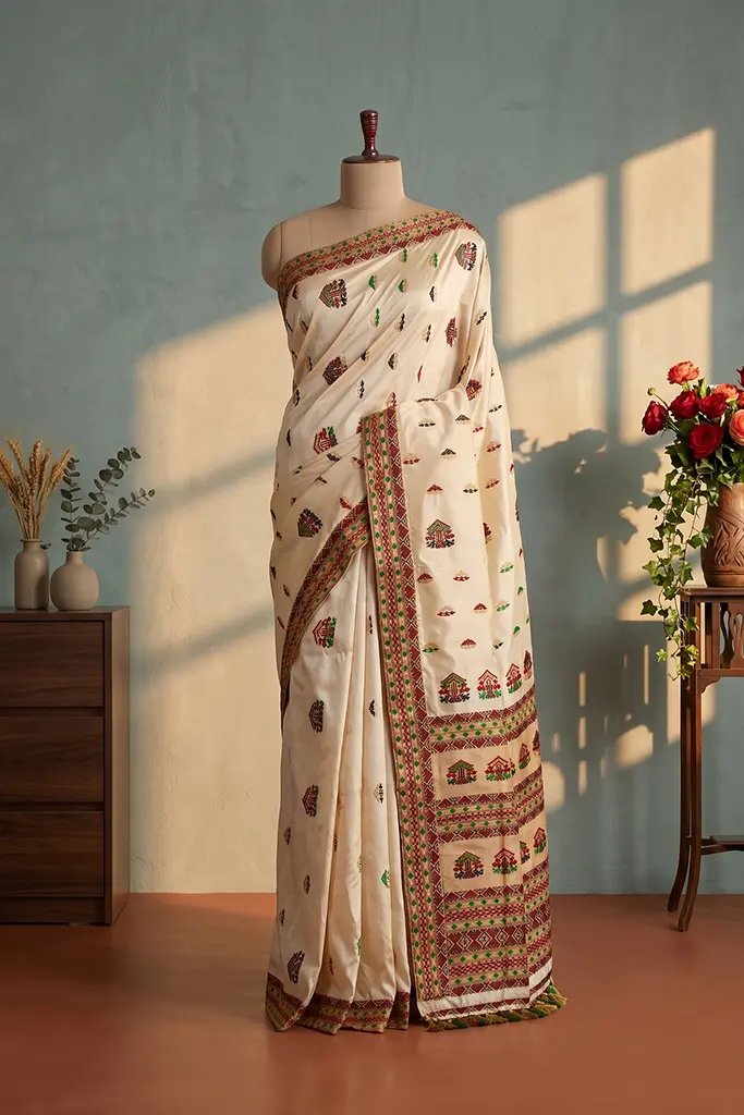 Cream Assam Silk Saree