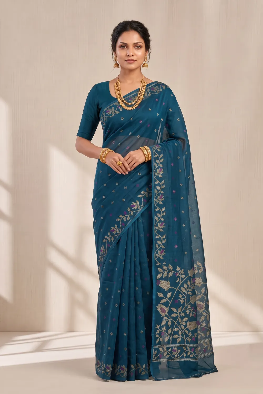 Teal Blue Cotton Saree