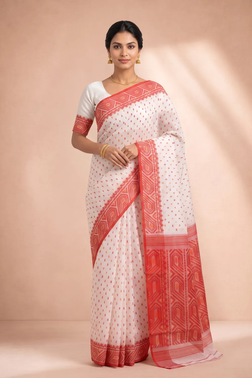 Red and White Dhakai Jamdani