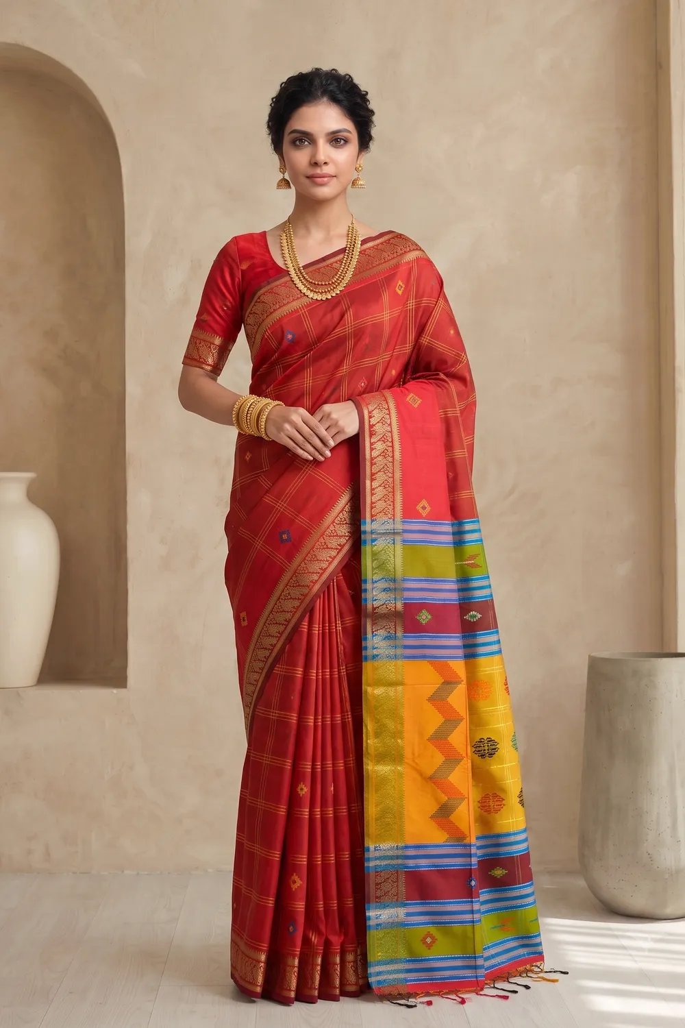 Red and Maroon Silk Saree