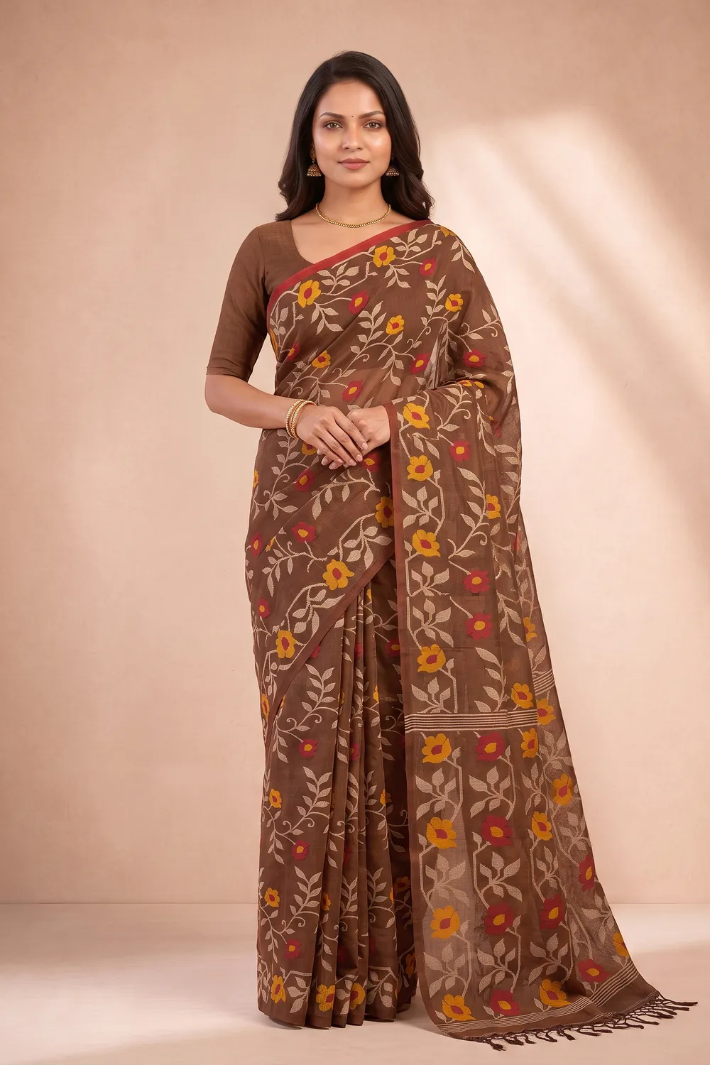 Deep Brown Tussar Jamdani Saree