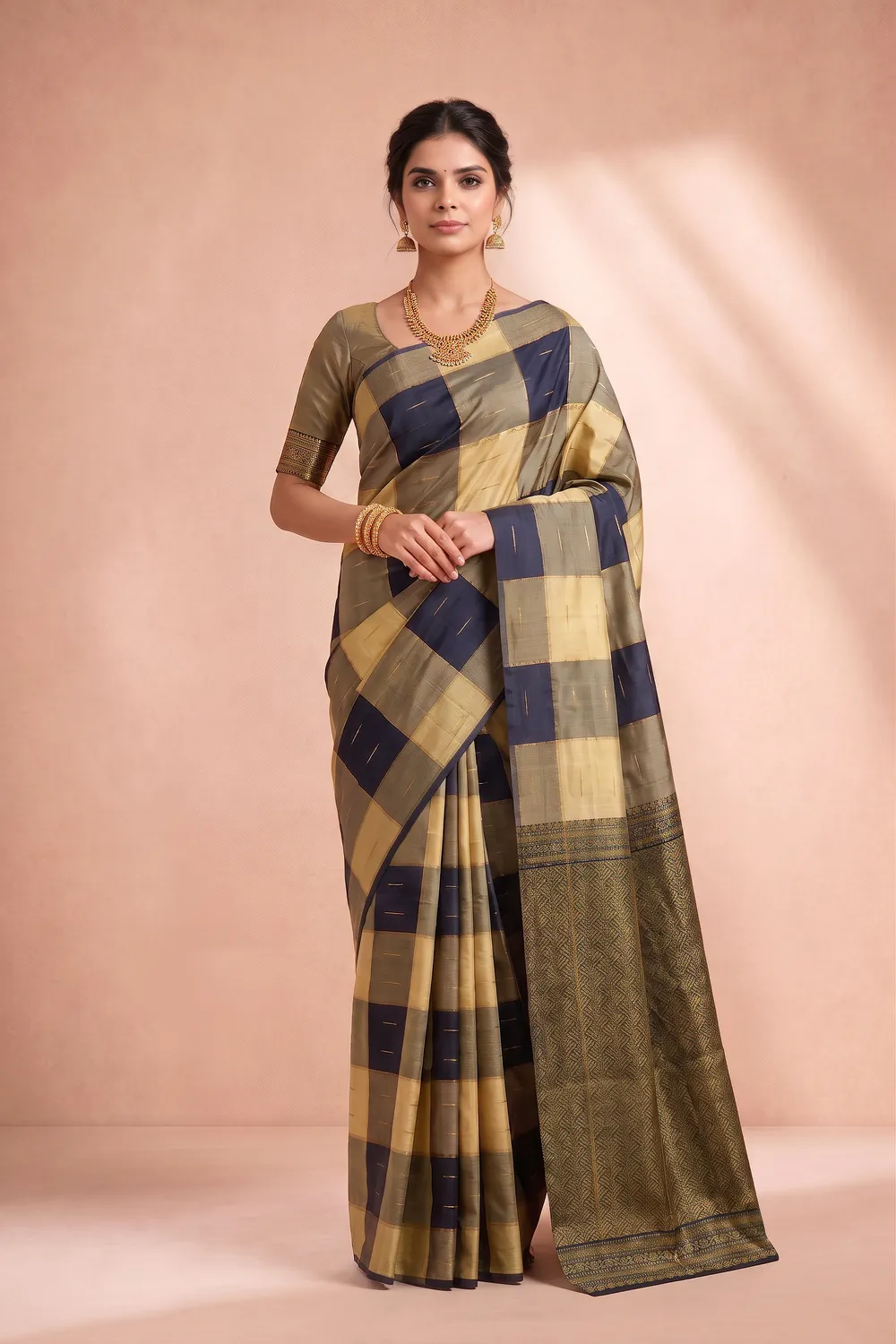 Off White and Black Checks Pure Silk Saree