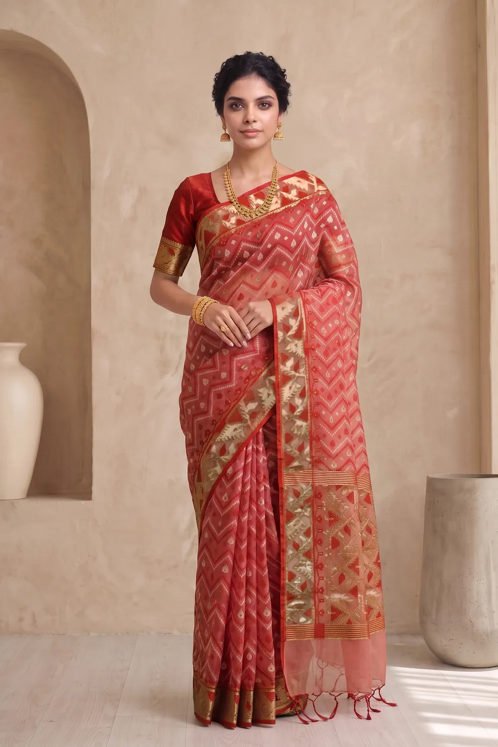 Red Cutdana Muslin Saree