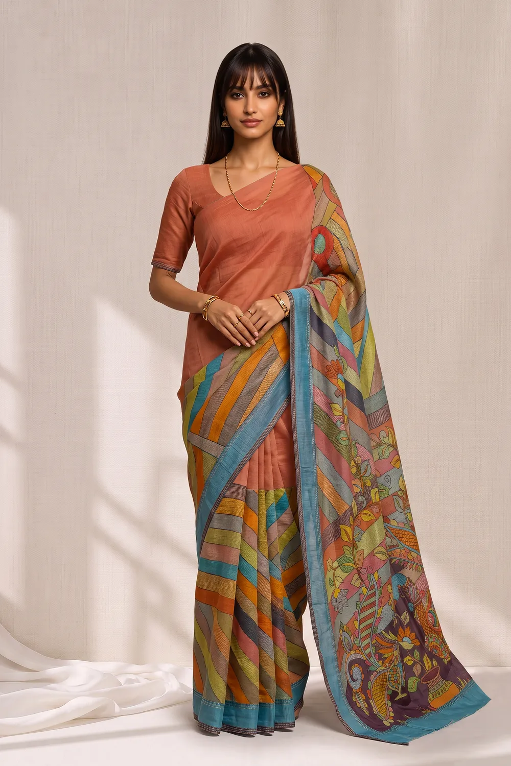 Pure Rust Kantha Stitch Saree