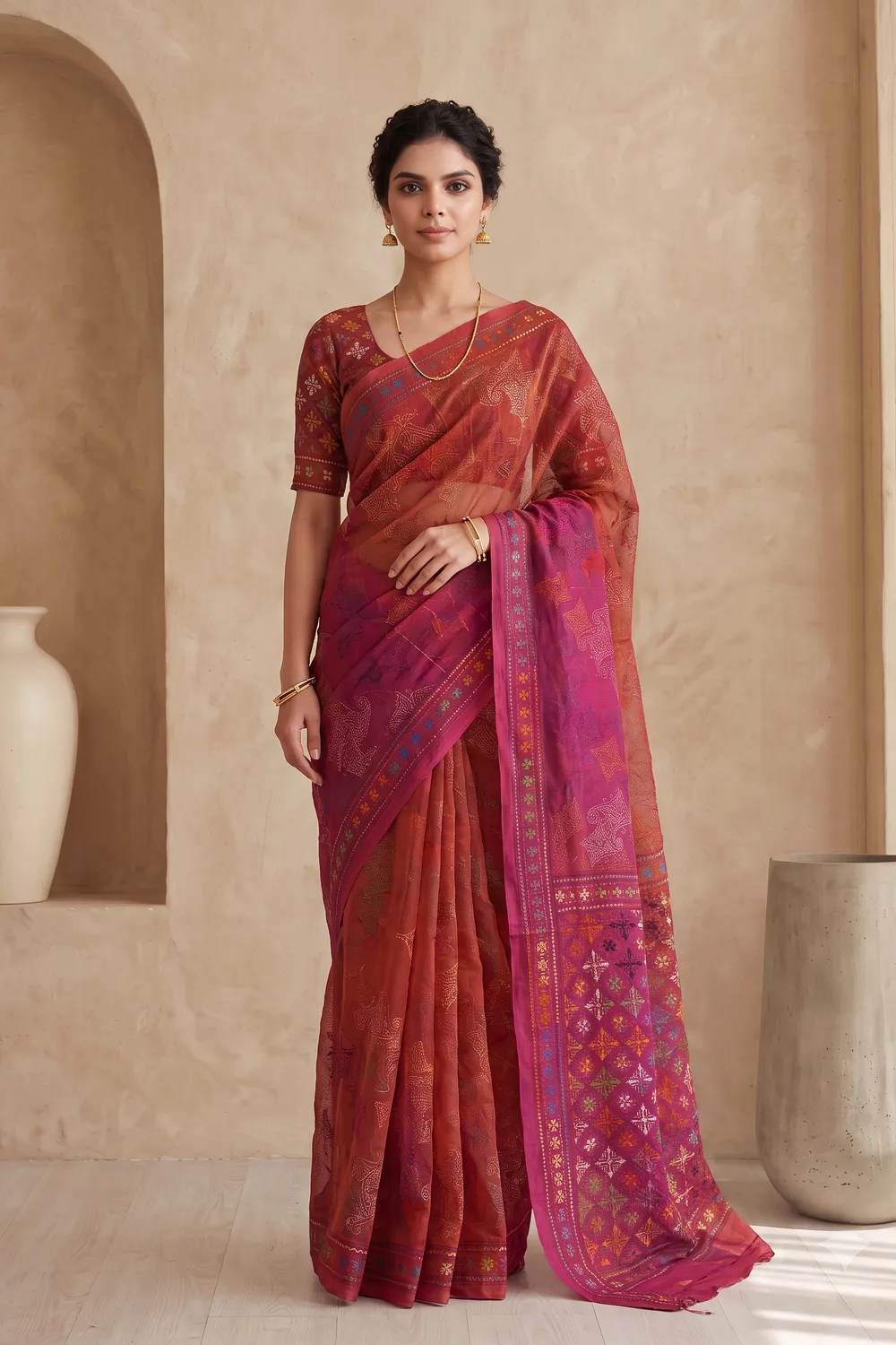 Rust And Rani Pure Kantha Stitch Saree