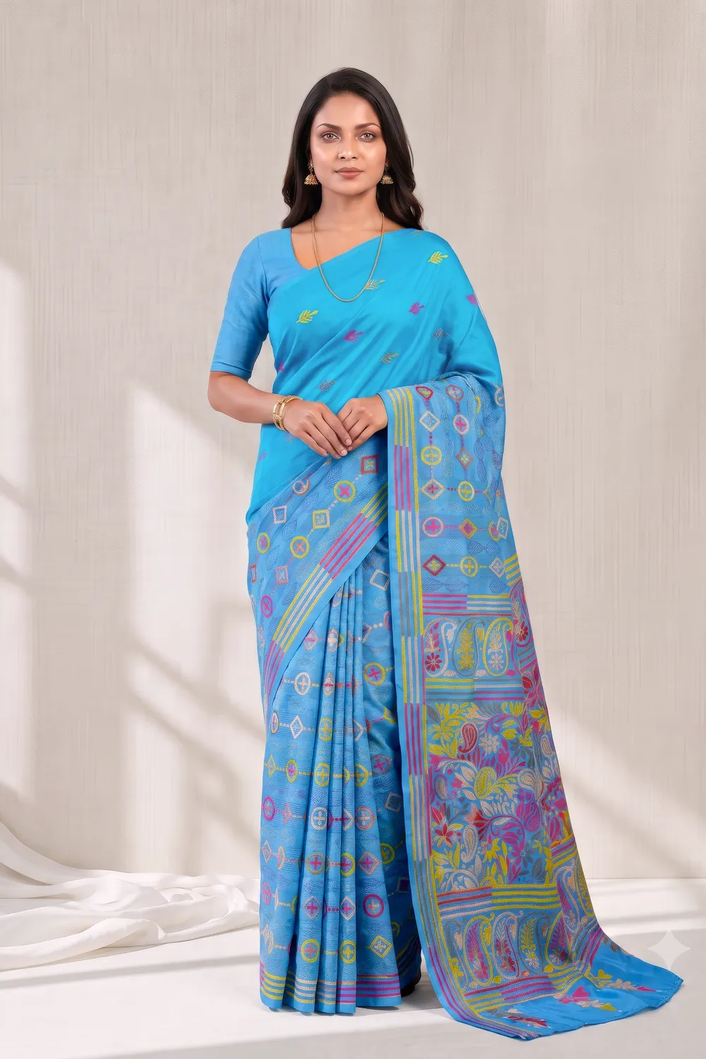 Firoza Blue Kantha Stitch Saree