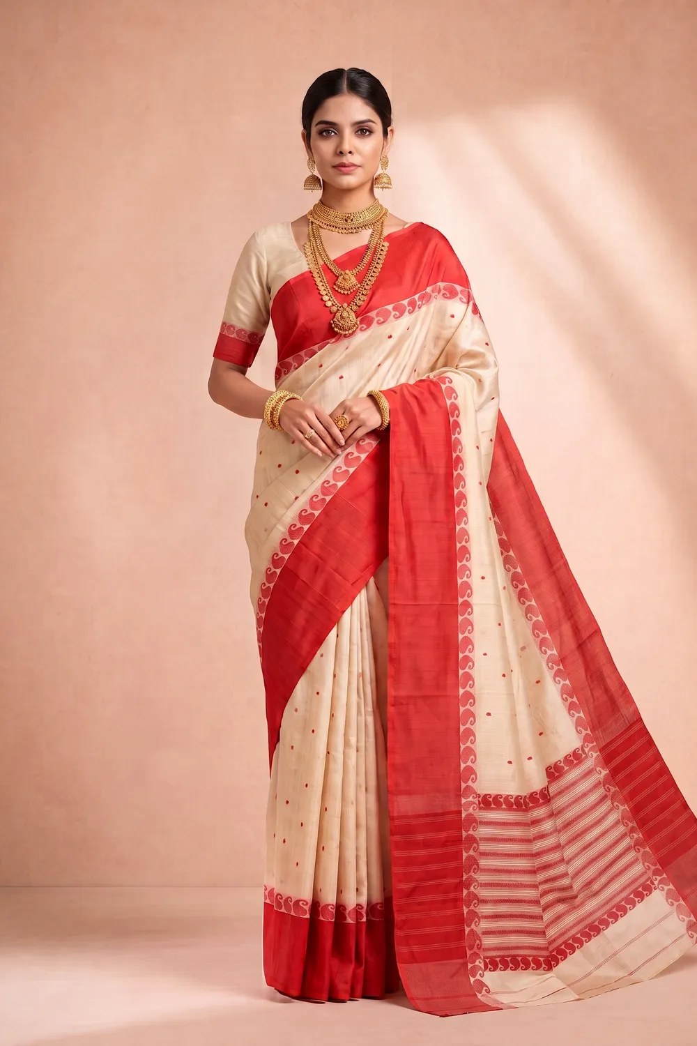 White and Red Tant Saree