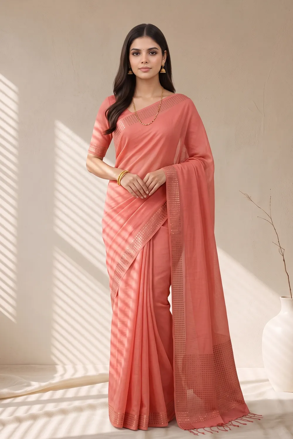 Peach Plain Body Matka Saree – Pure Matka Silk