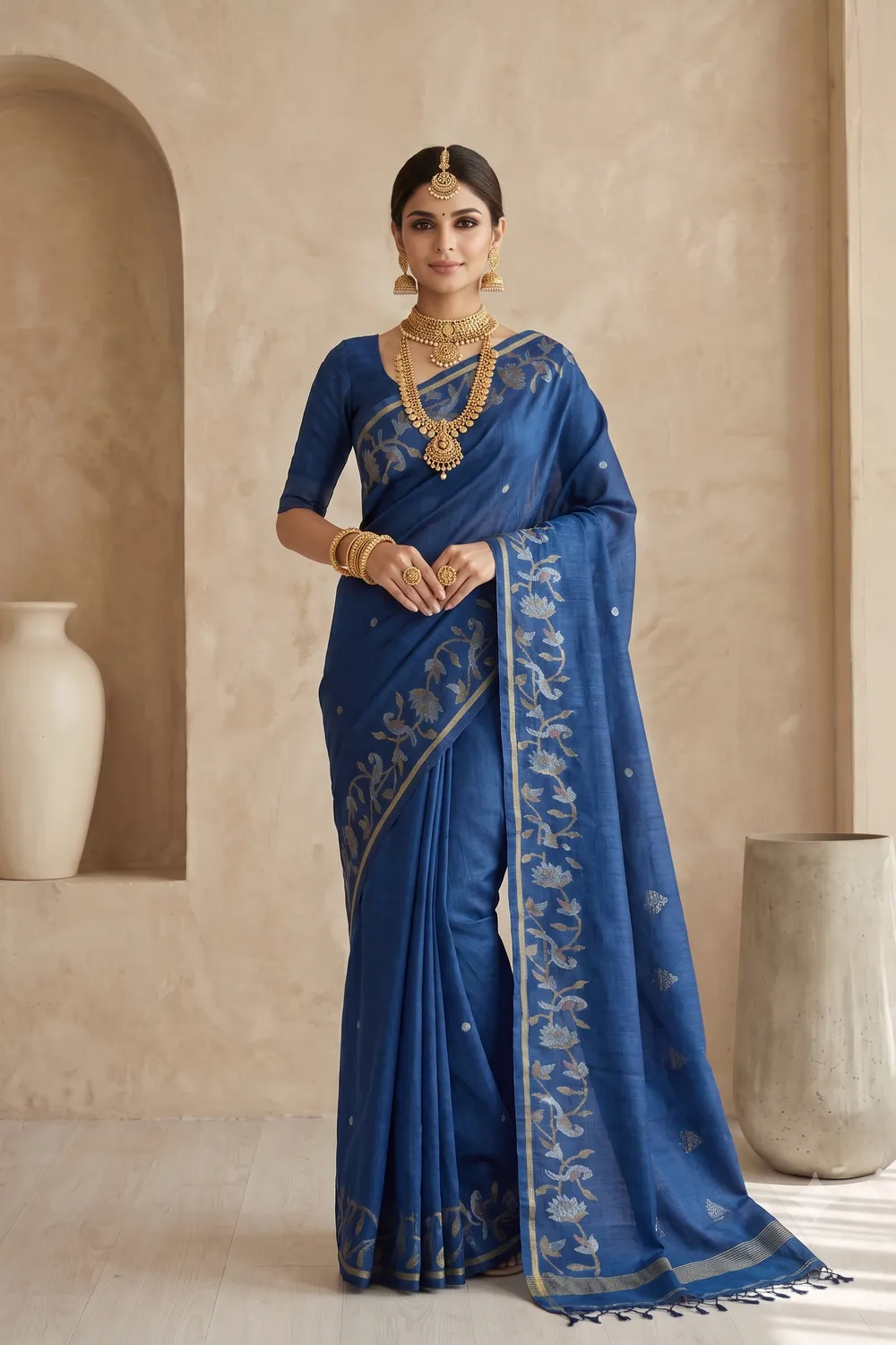 Teal Blue Tussar Jamdani Saree