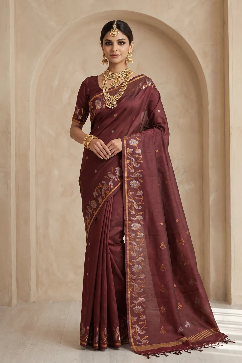 Wine Tussar Jamdani Saree